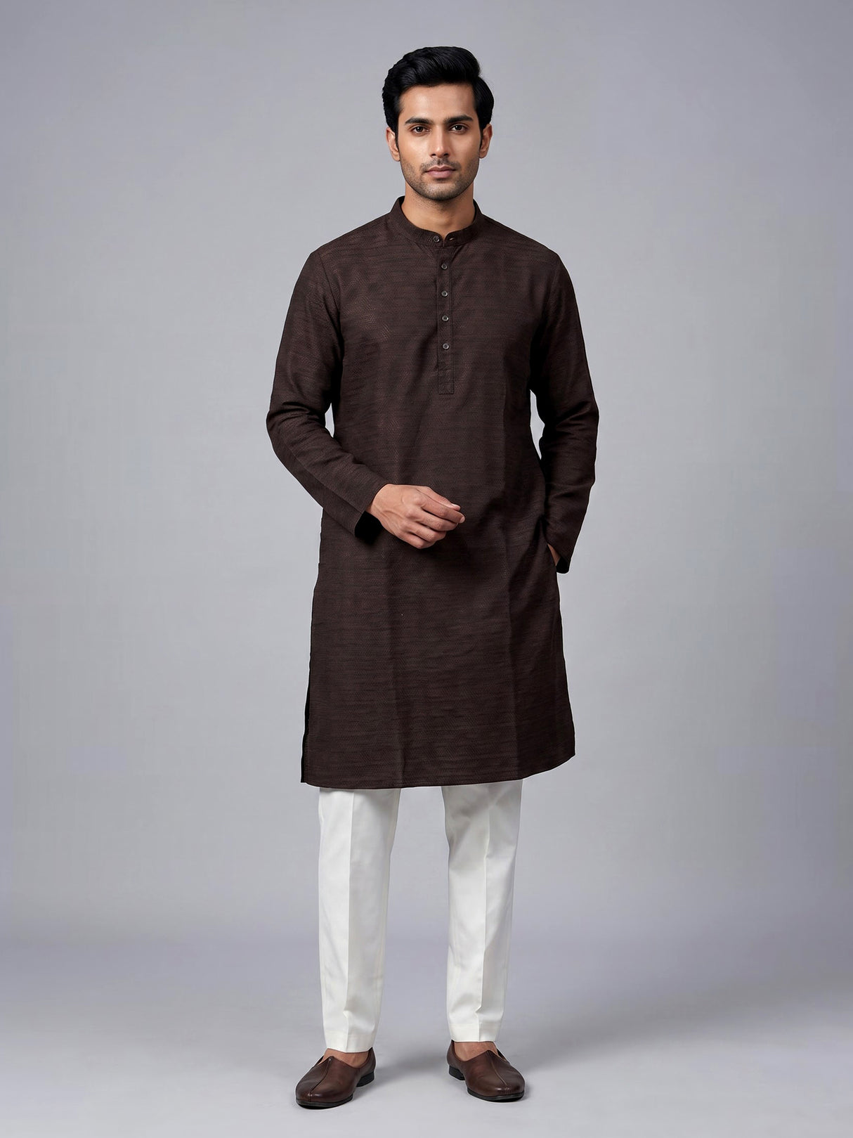 Dark coffee brown cotton kurta suit with thread weaving for men