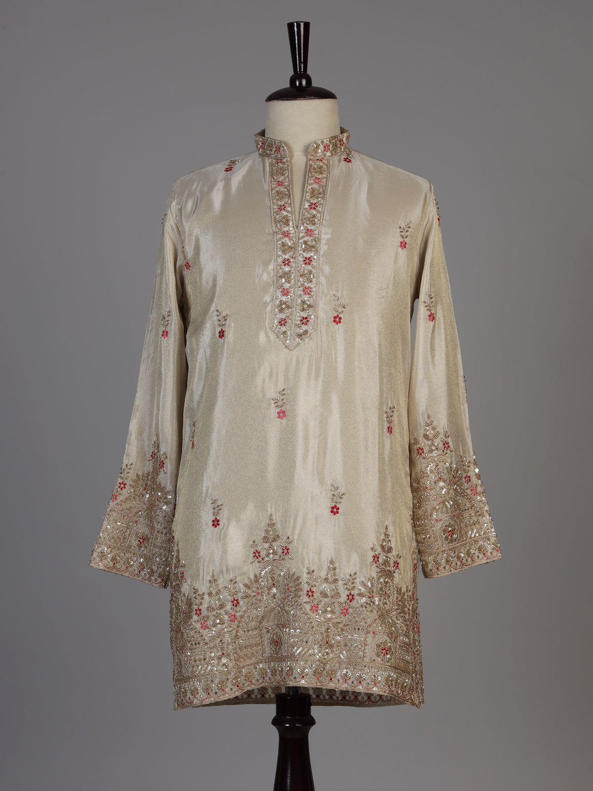 Cream silk kurta suit with cutdana thread and sequins for men