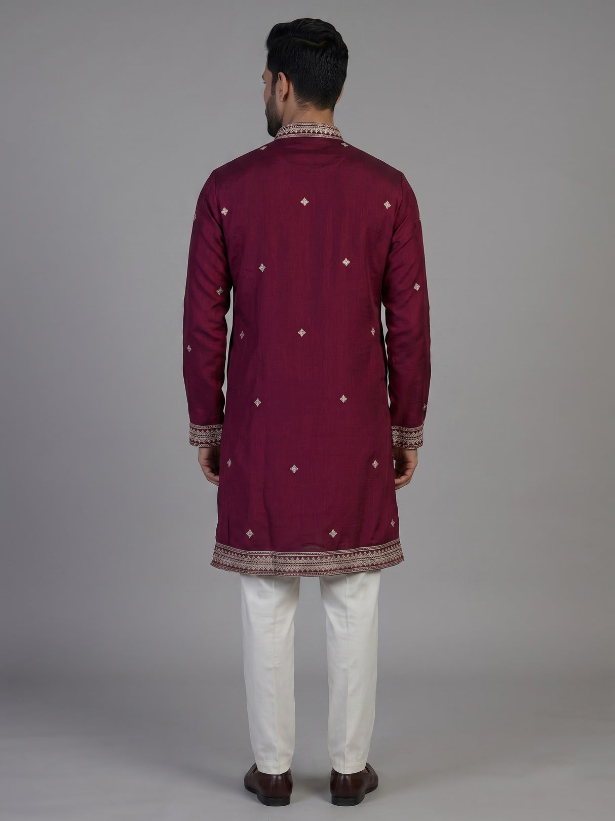 Wine silk blend kurta suit with resham sequins and dupatta for men