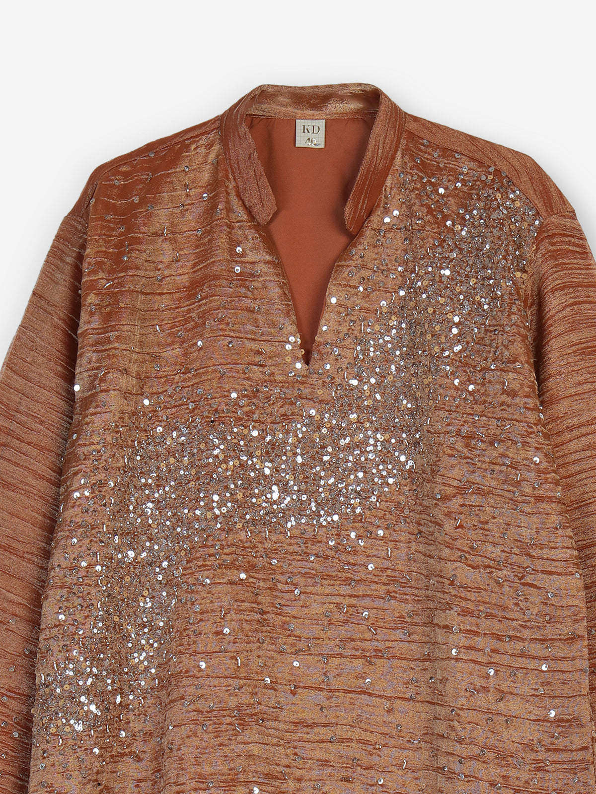 Pastel orange metallic silk tissue kurta suit with embellishments for men
