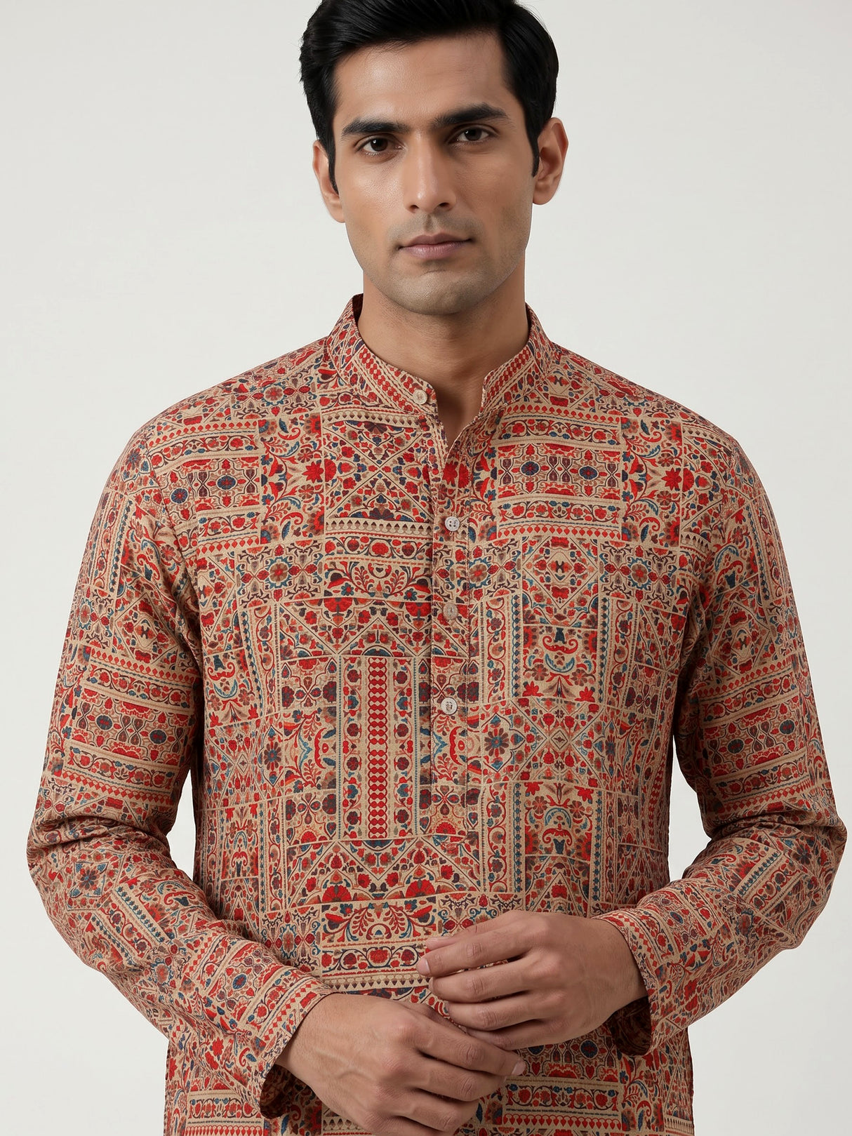 Beige silk blend printed kurta suit for festive occasions for men