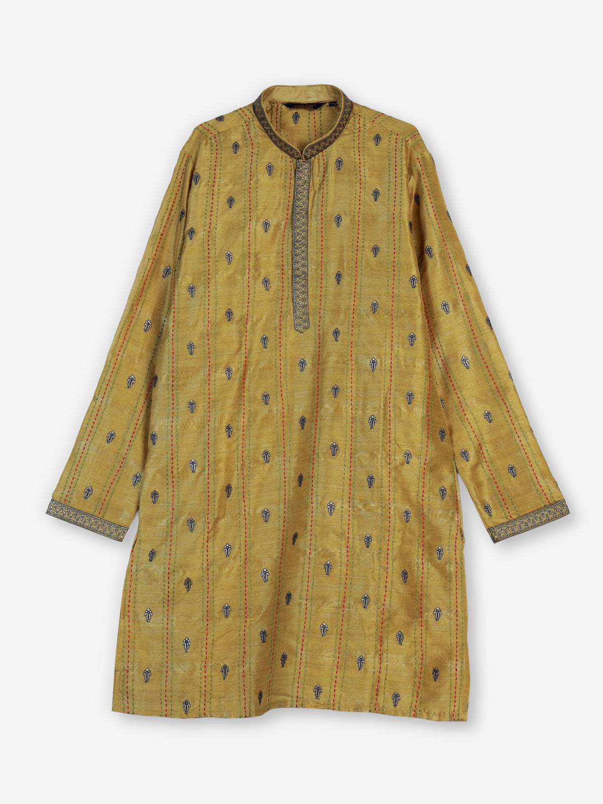 Gold silk blend kurta suit with embroidery and threadwork for men