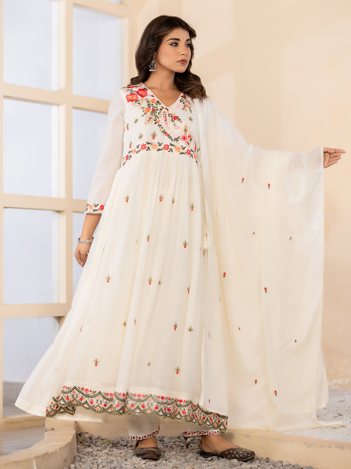 Off white floral angrakha womens kurti set