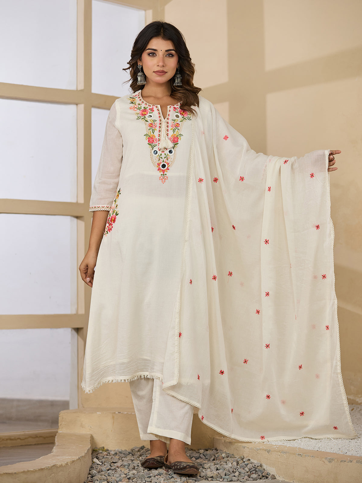 Off white floral mirror womens kurti set