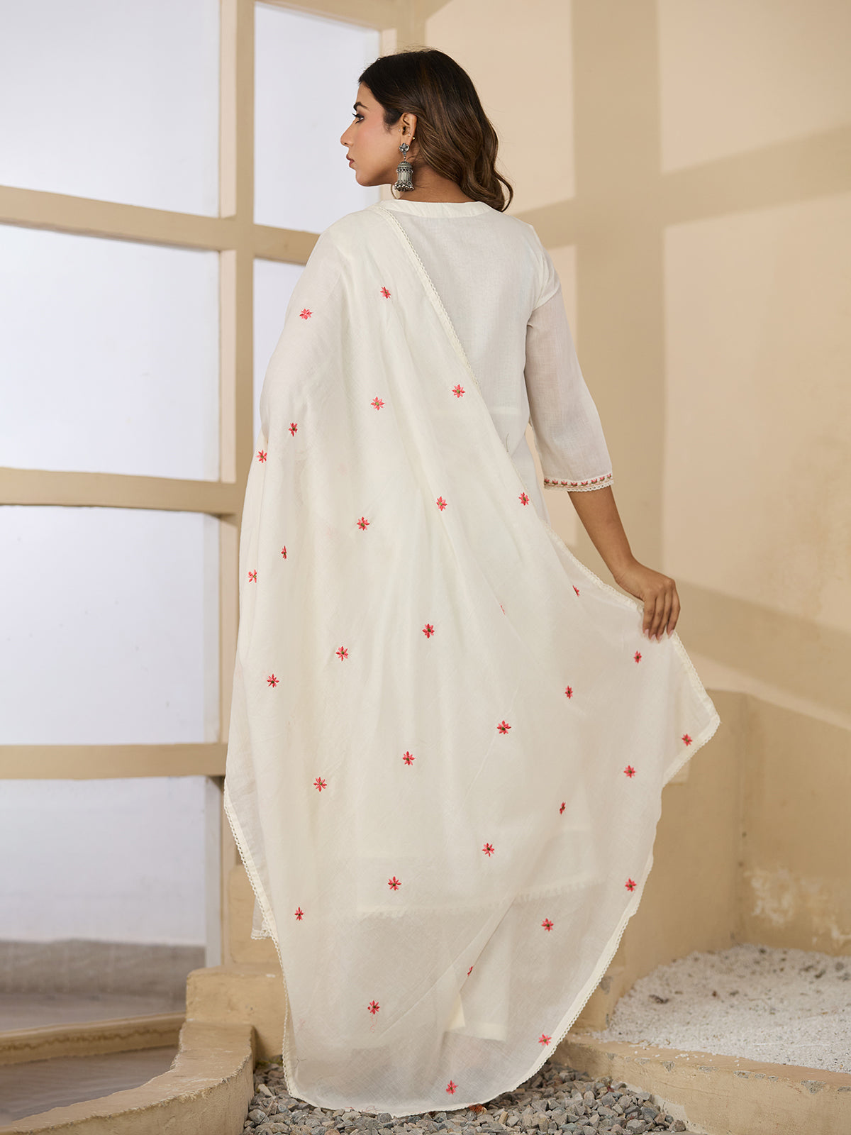 Off white floral mirror womens kurti set