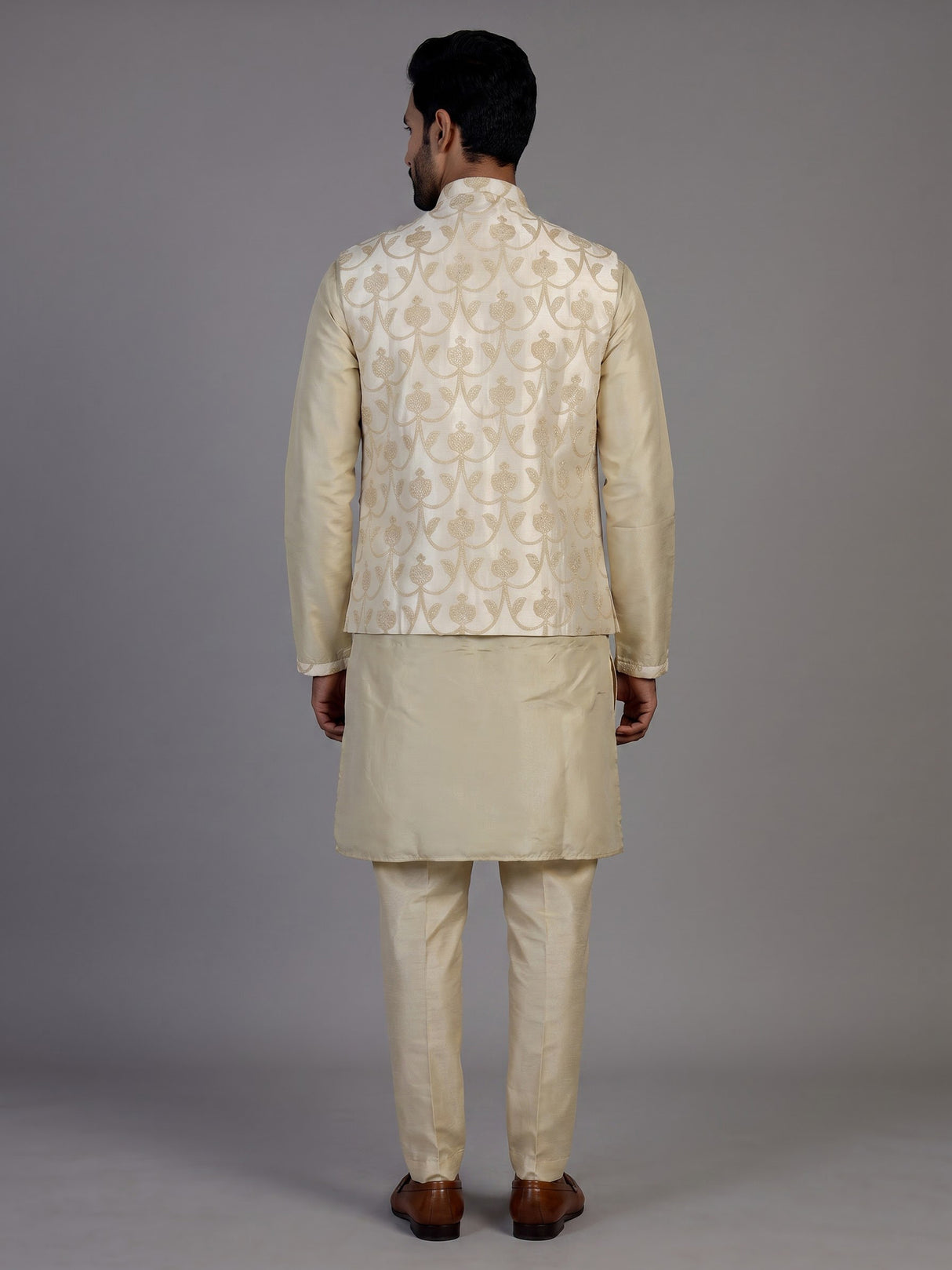 Beige silk waistcoat set for men with delicate sequin threadwork