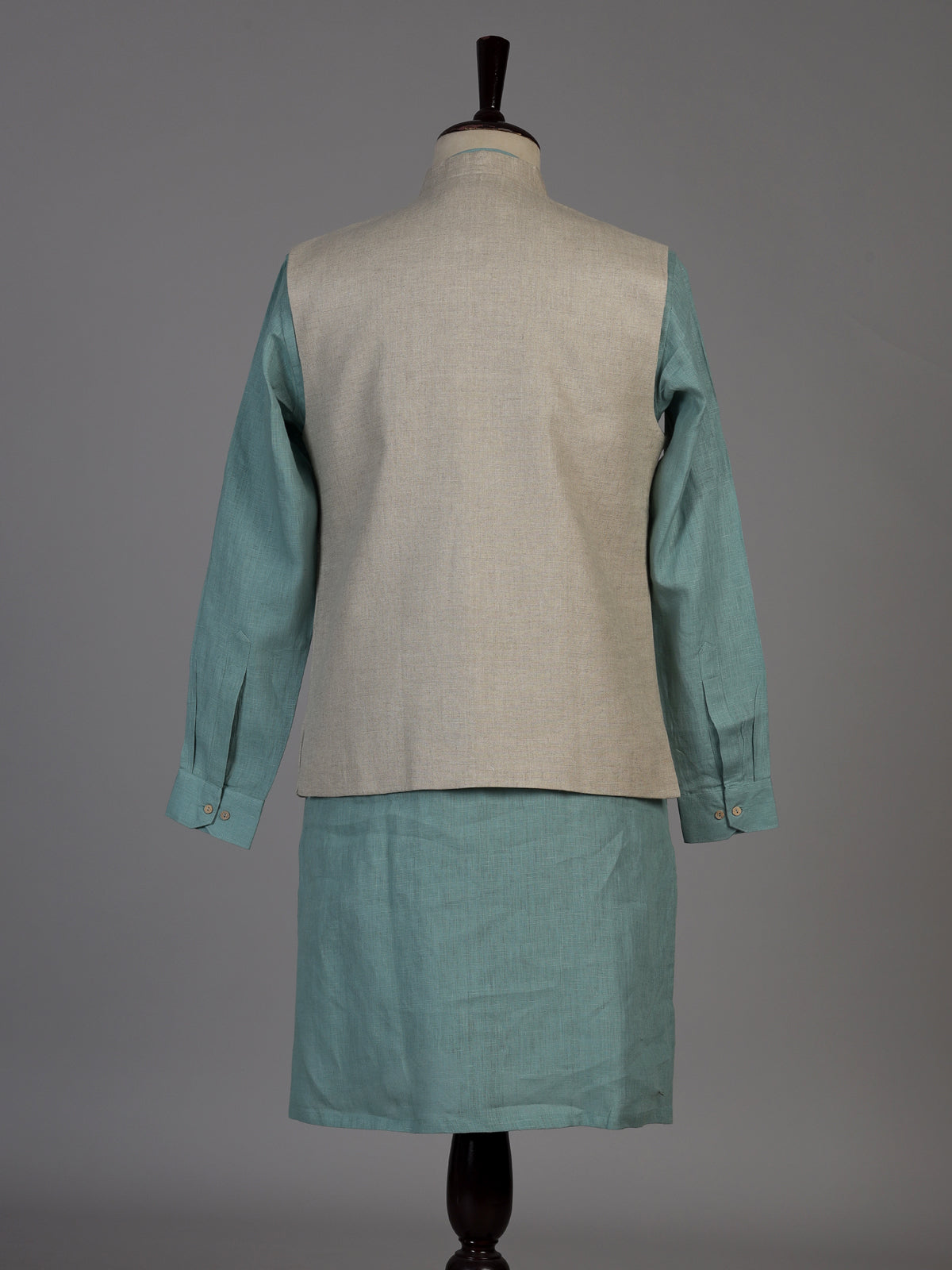 Aqua blue linen waistcoat set for men with festive embellishments