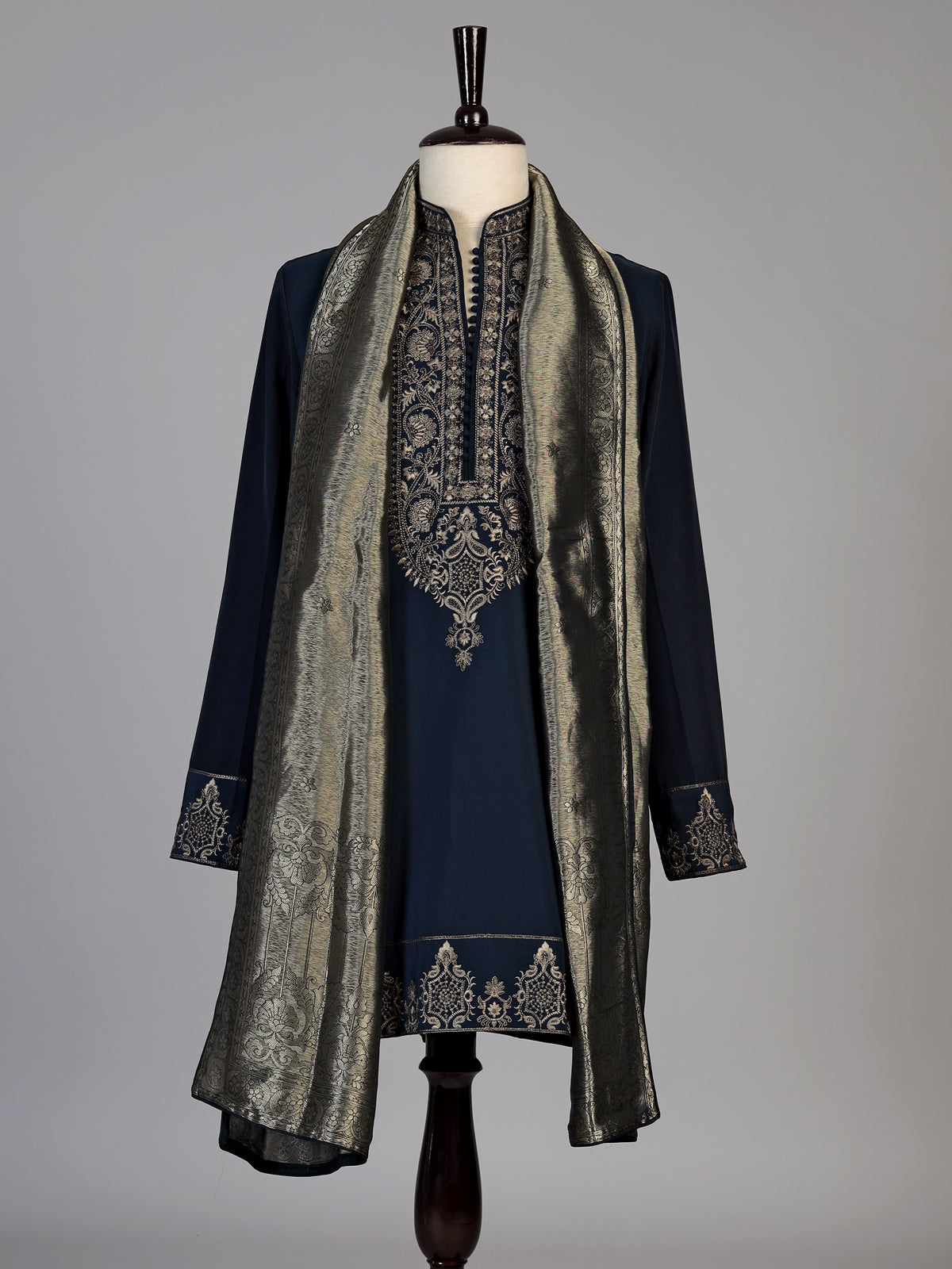 Teal blue silk zari woven kurta suit for men