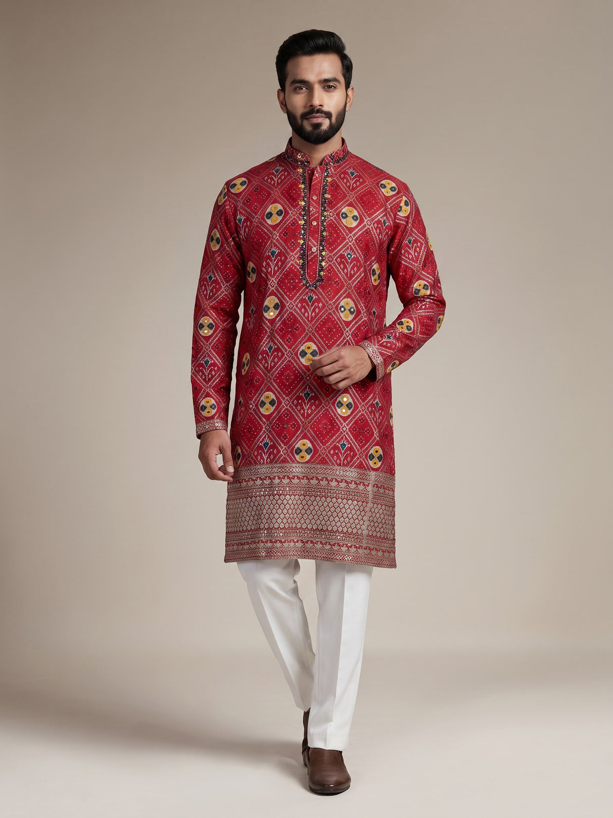 Deep rani pink silk bandhani kurta suit for men