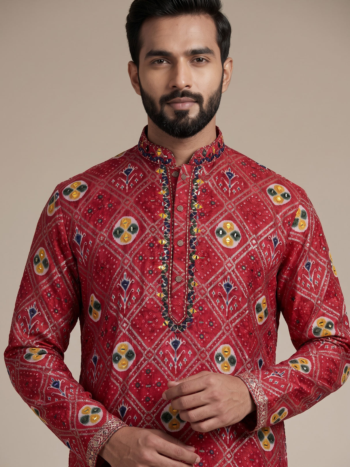 Deep rani pink silk bandhani kurta suit for men