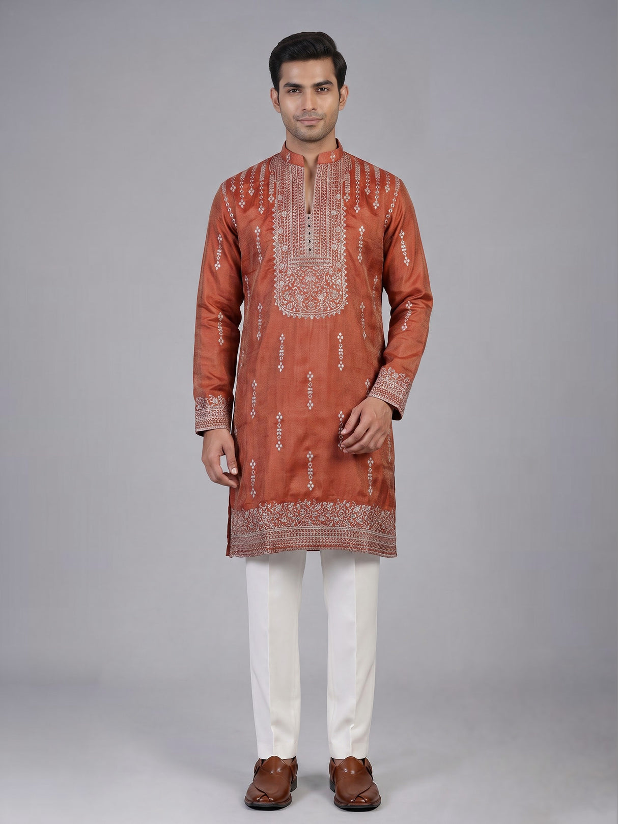 Pastel orange silk embroidered kurta suit for men