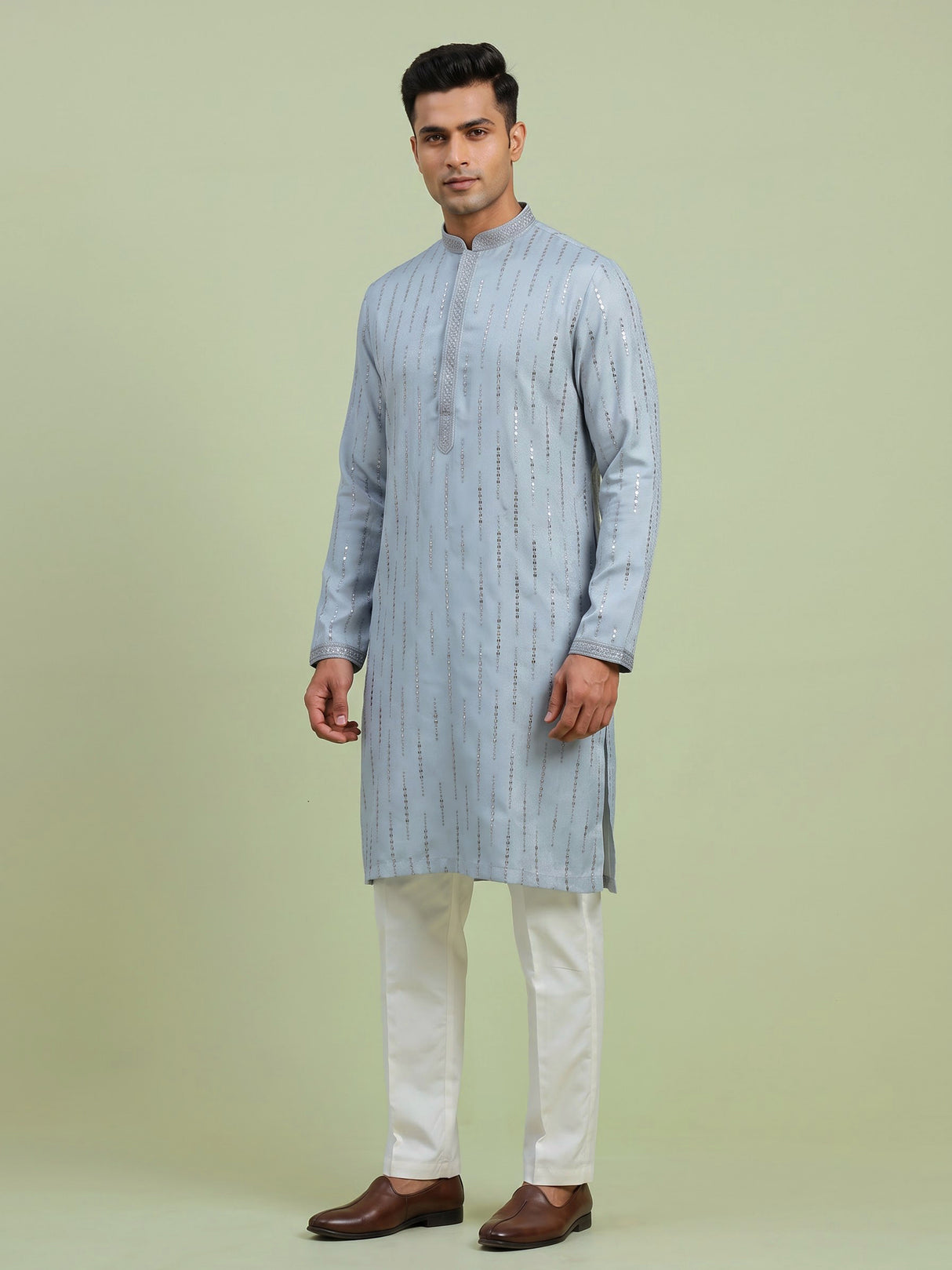 Sky blue silk embroidered sequin kurta suit for men