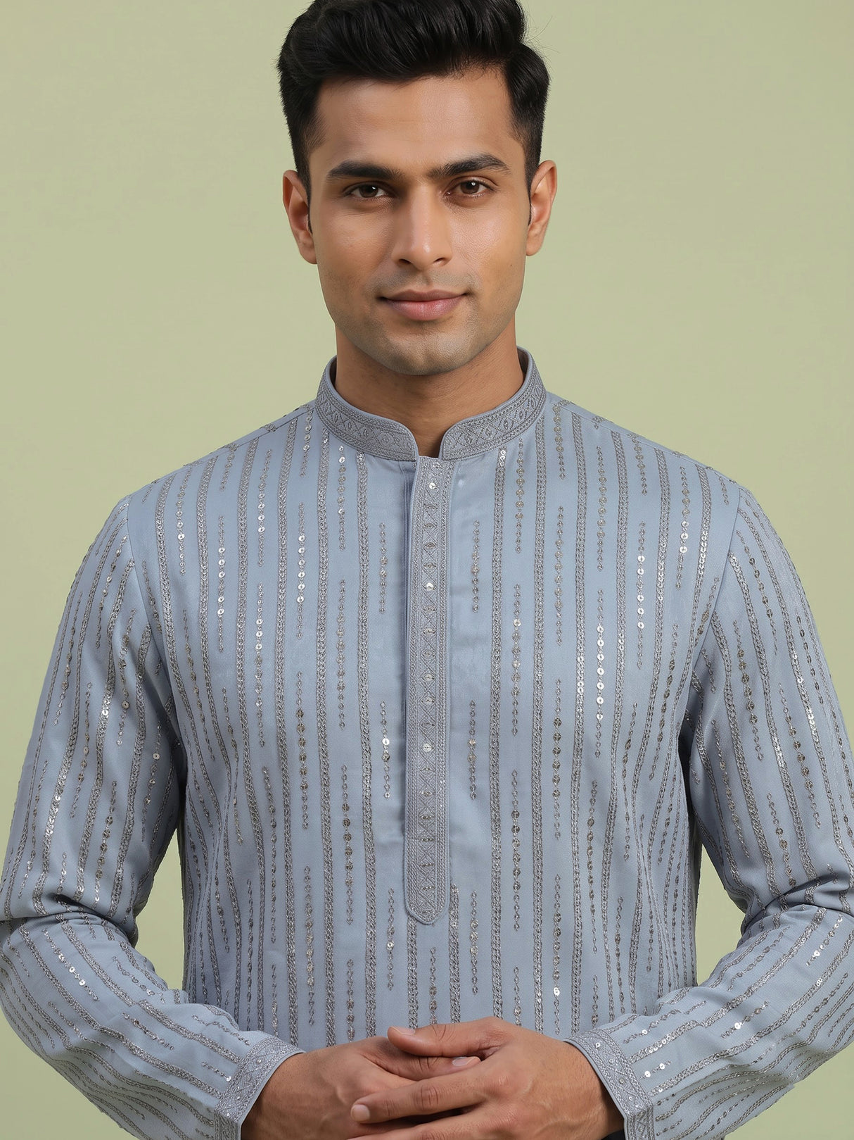 Sky blue silk embroidered sequin kurta suit for men