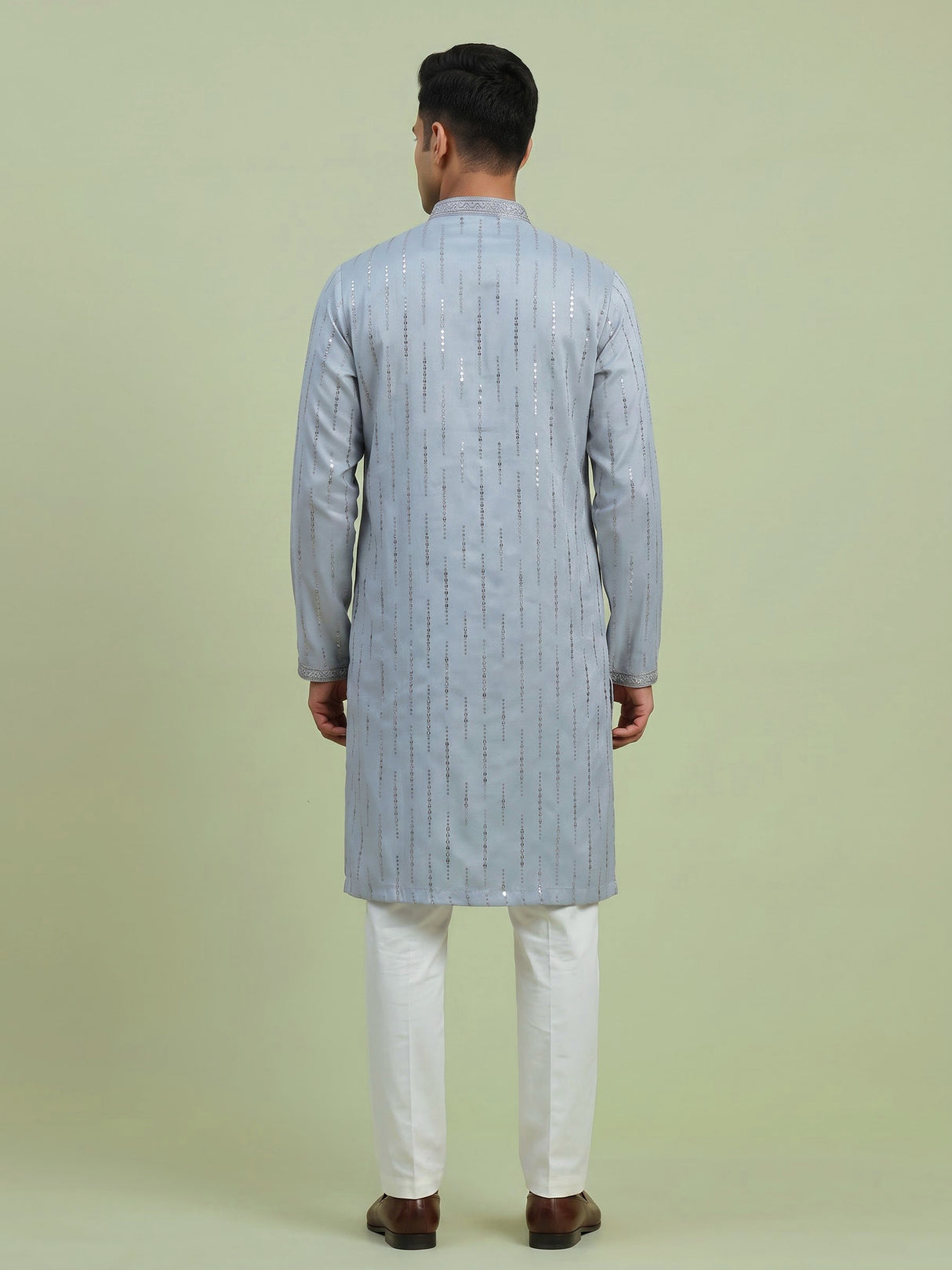 Sky blue silk embroidered sequin kurta suit for men