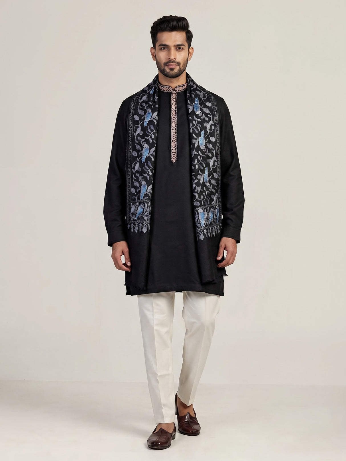 Black cotton embroidered kurta suit with woven dupatta