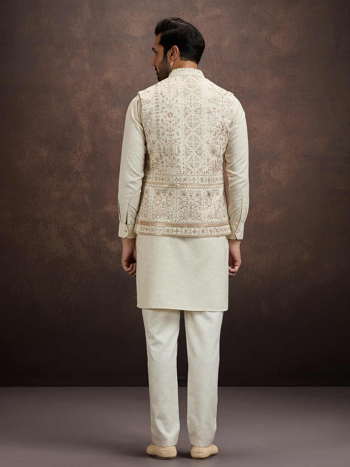Cream embroidered cotton linen waistcoat set