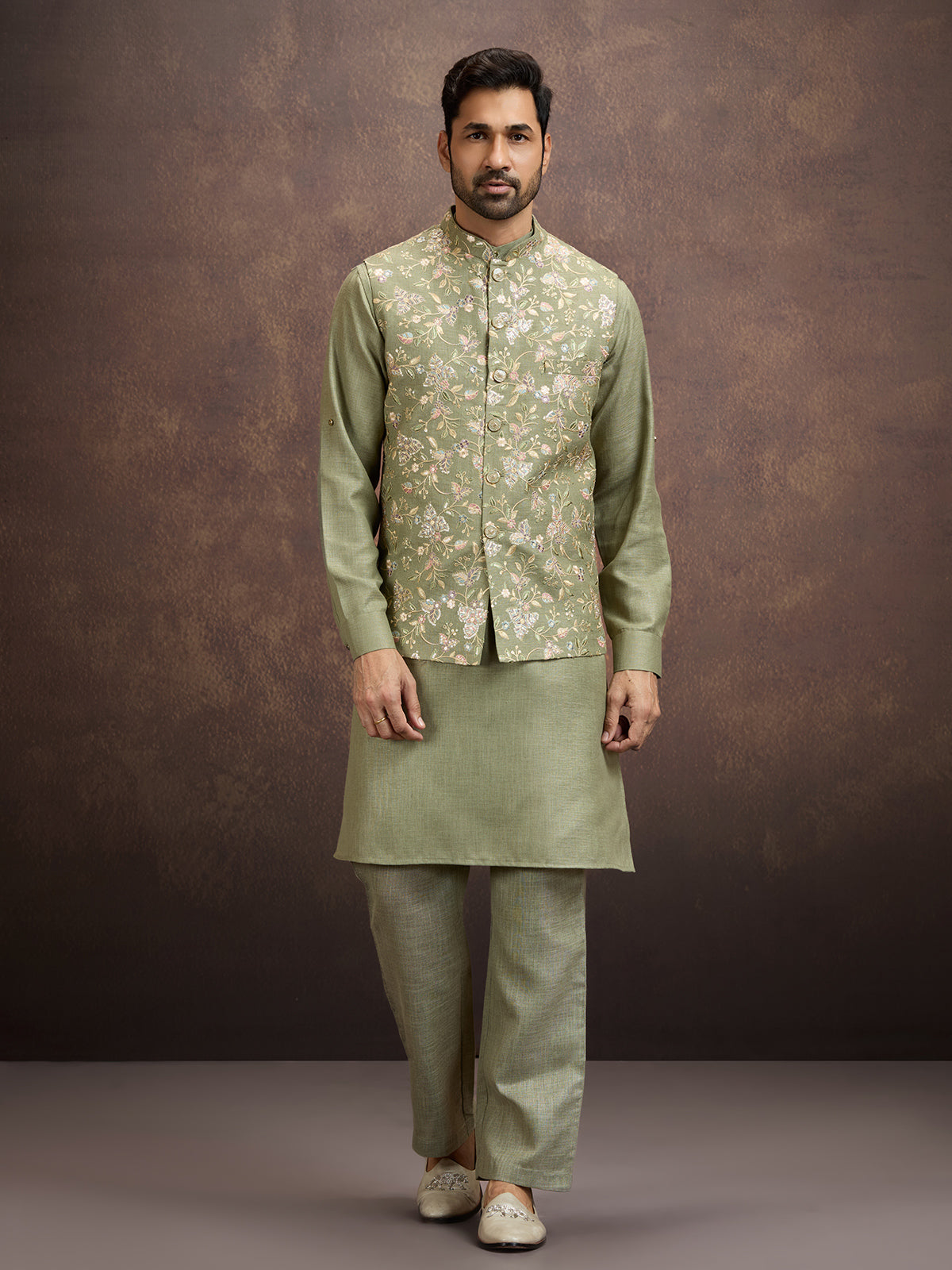 Moss green floral embroidered mens waistcoat set in cotton linen