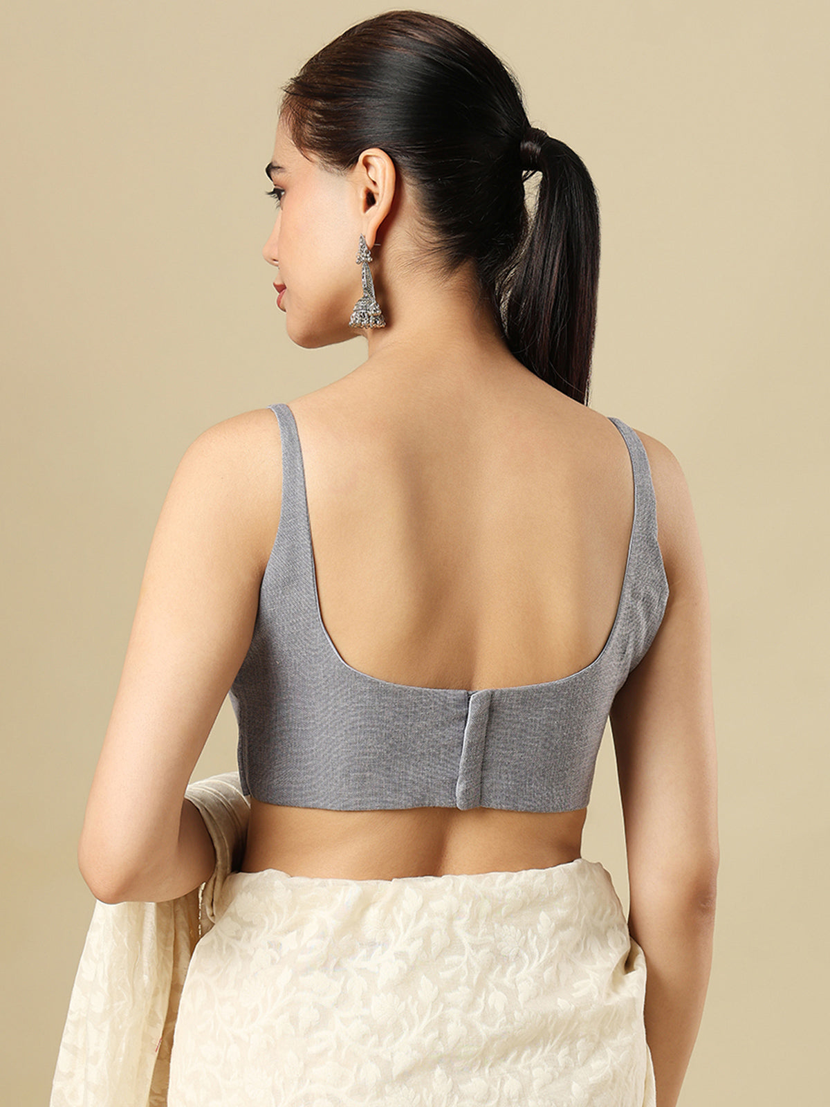 Grey linen solid blouse with round neckline and back opening