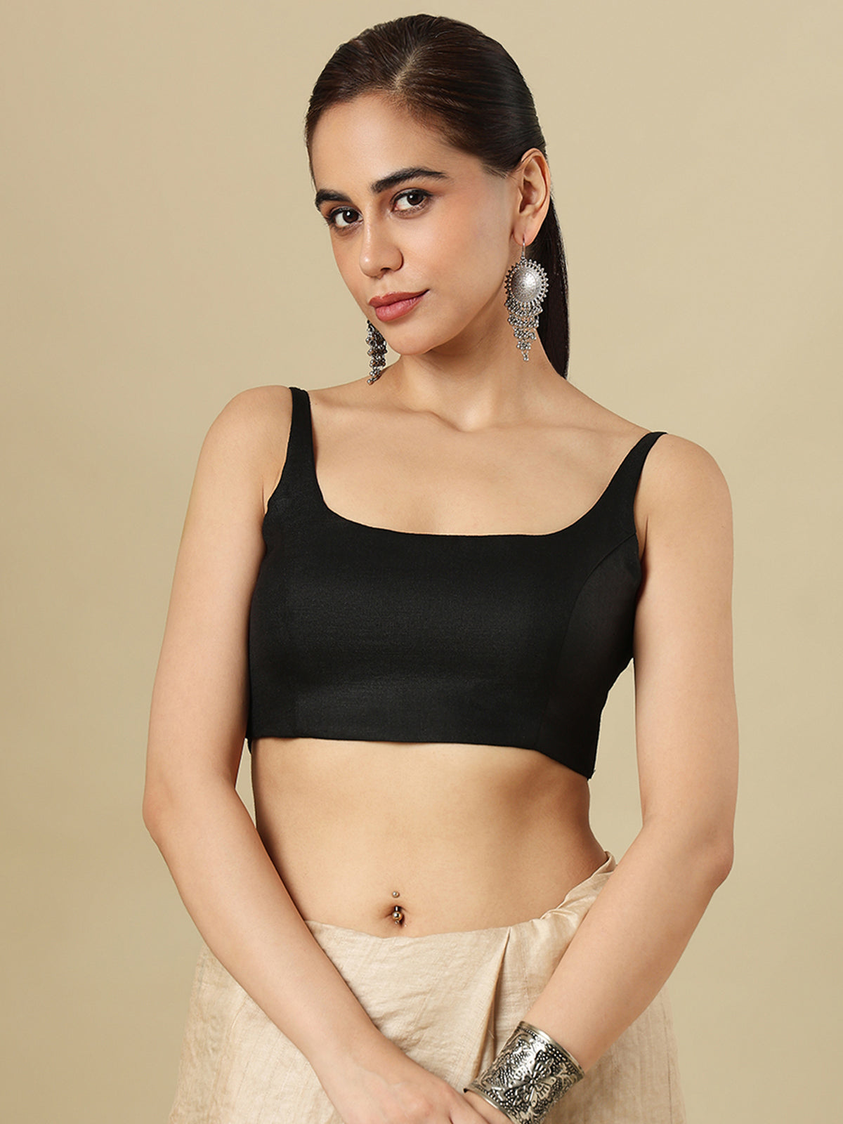 Black linen solid blouse with round neckline and back opening