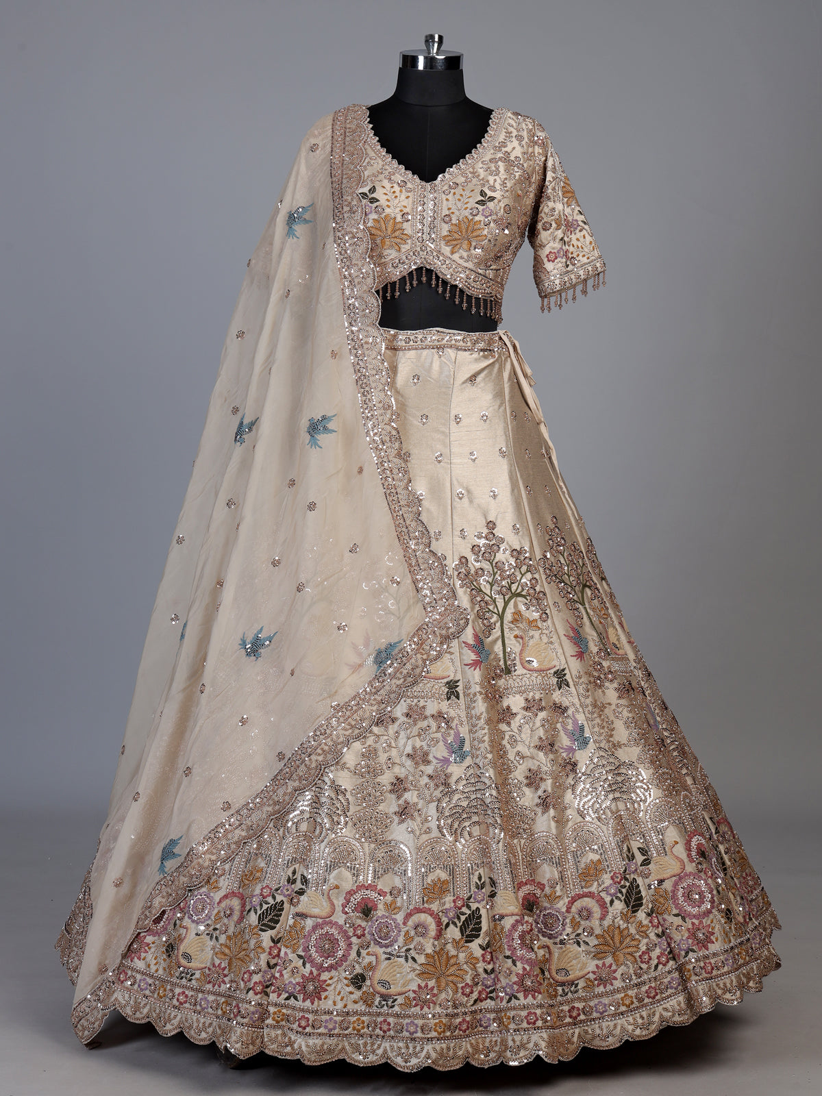 Cream botanical kalidar lehenga choli for women
