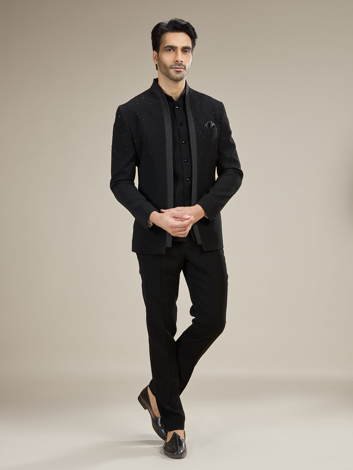 Black mens shimmering night sky jodhpuri suit