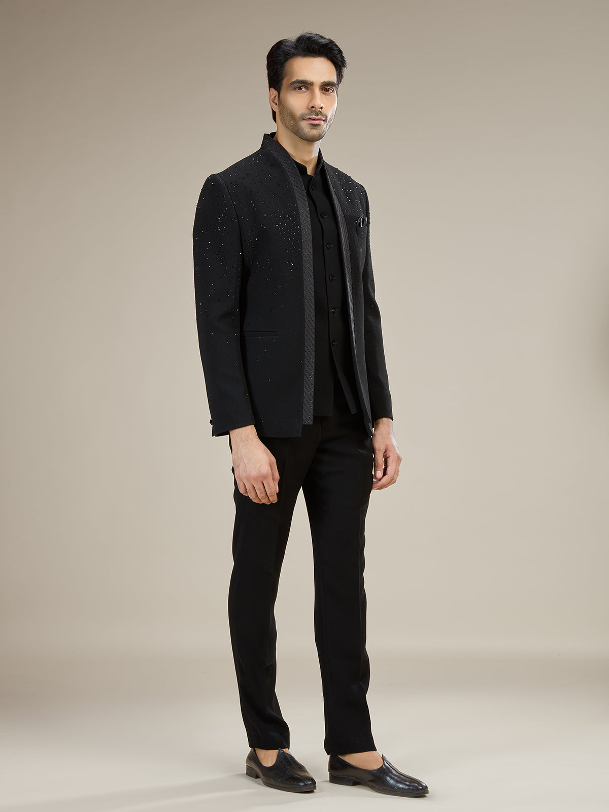 Black mens shimmering night sky jodhpuri suit