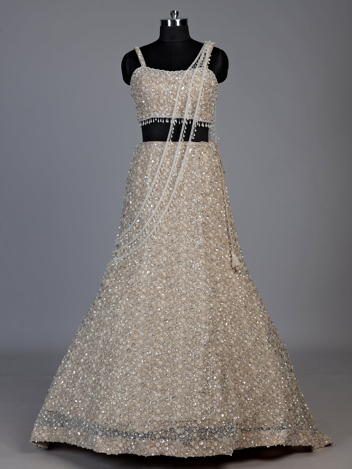 Beige pearl drape designer lehenga choli for women