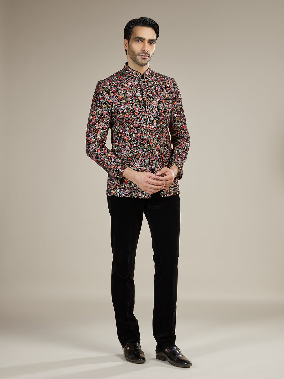 Black mens cool tone floral jodhpuri suit