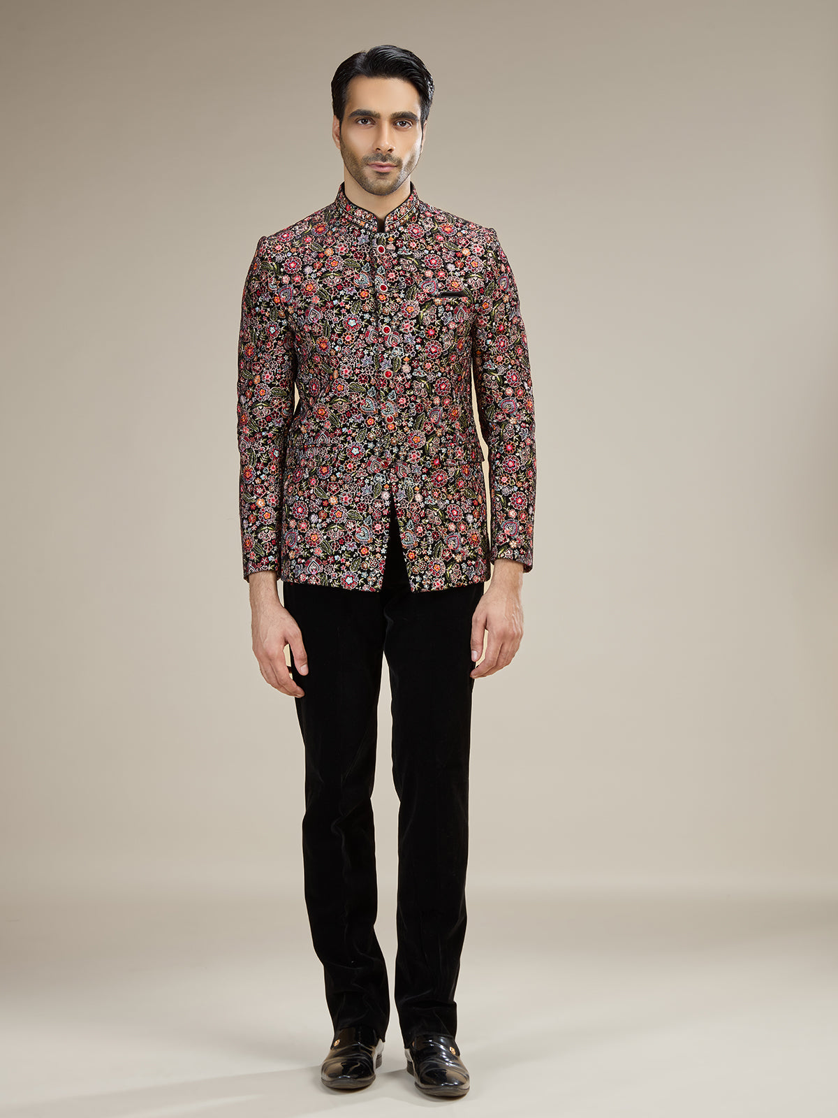 Black mens cool tone floral jodhpuri suit