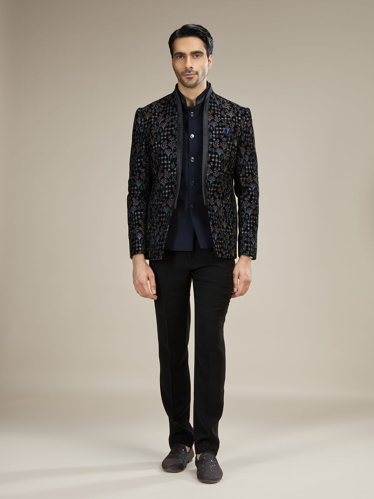 Navy blue mens embroidered velvet jodhpuri suit
