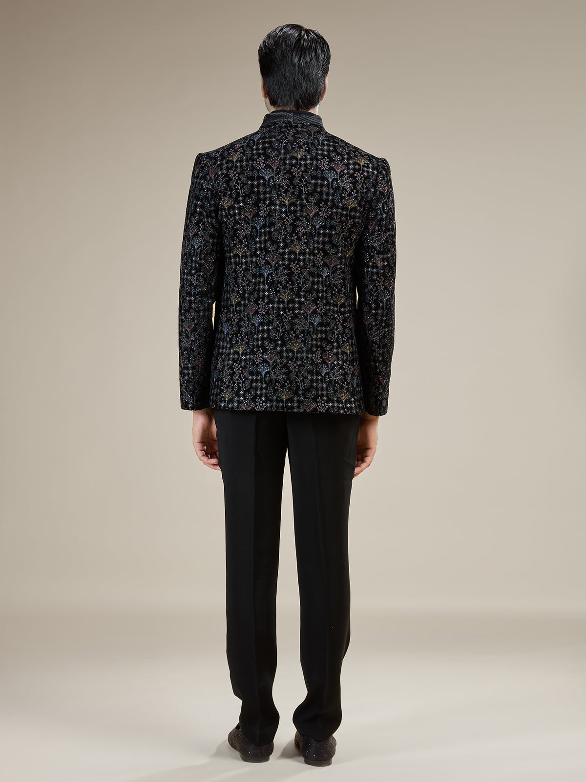 Navy blue mens embroidered velvet jodhpuri suit