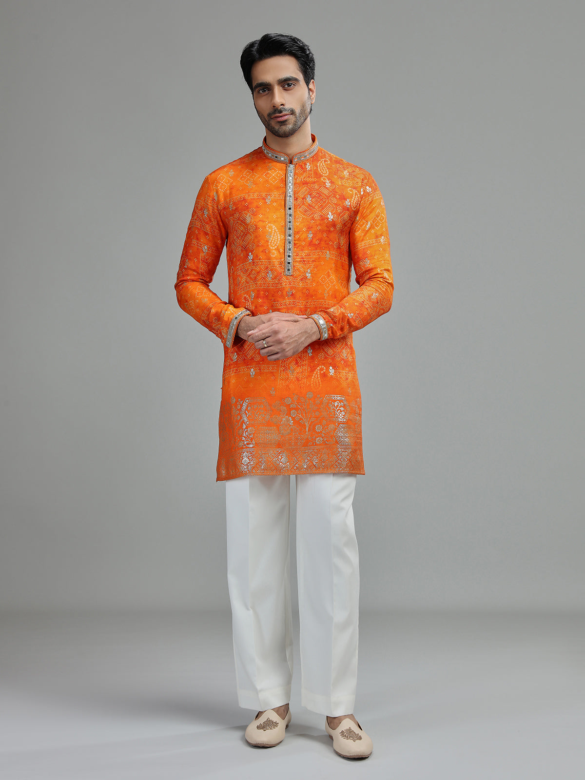Orange mens heritage floral kurta suit