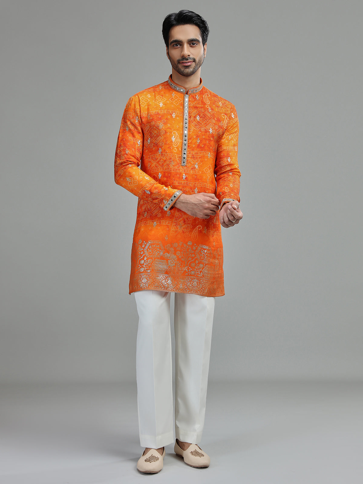 Orange mens heritage floral kurta suit