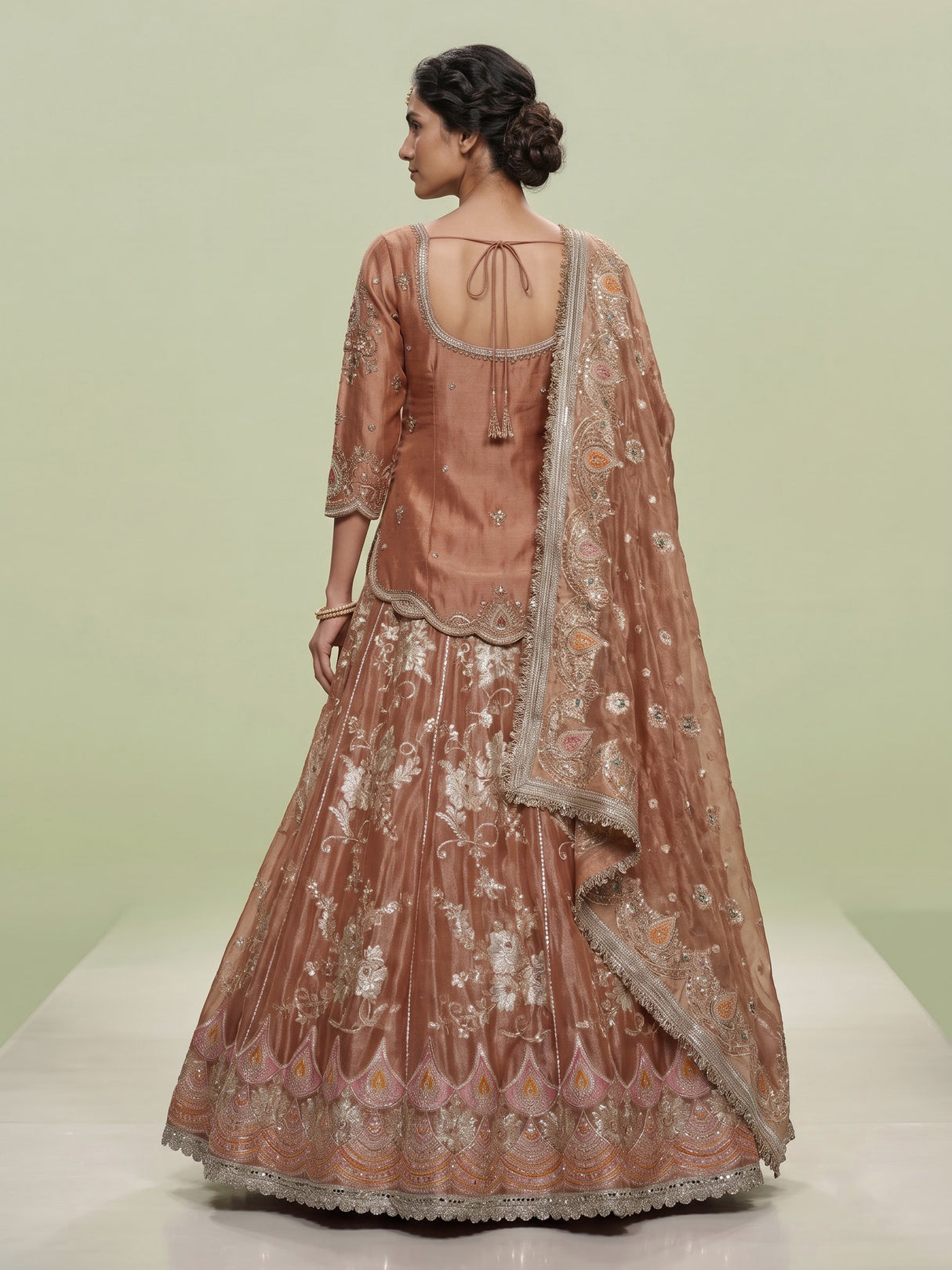 Rust peach jharokha zardozi lehenga choli for women