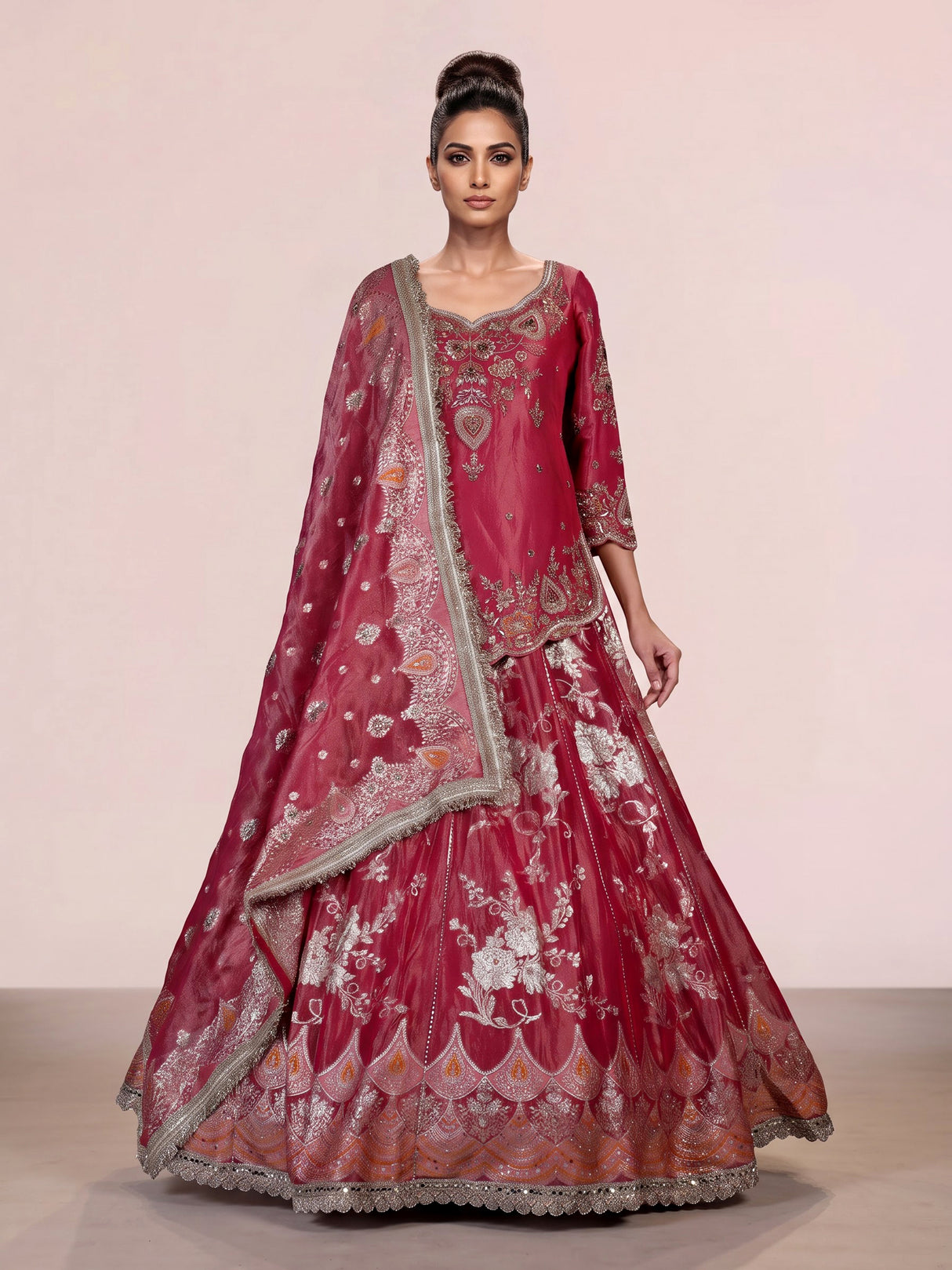 Rani pink jharokha embroidered lehenga choli for women