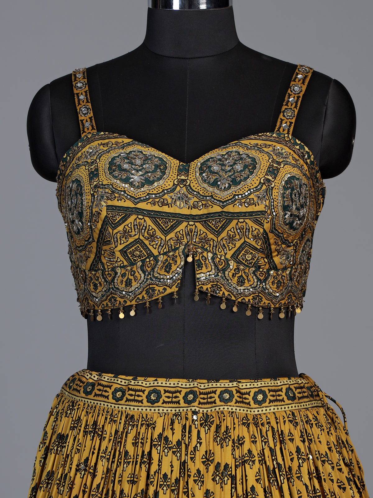 Mustard gold printed sequin lehenga choli for women