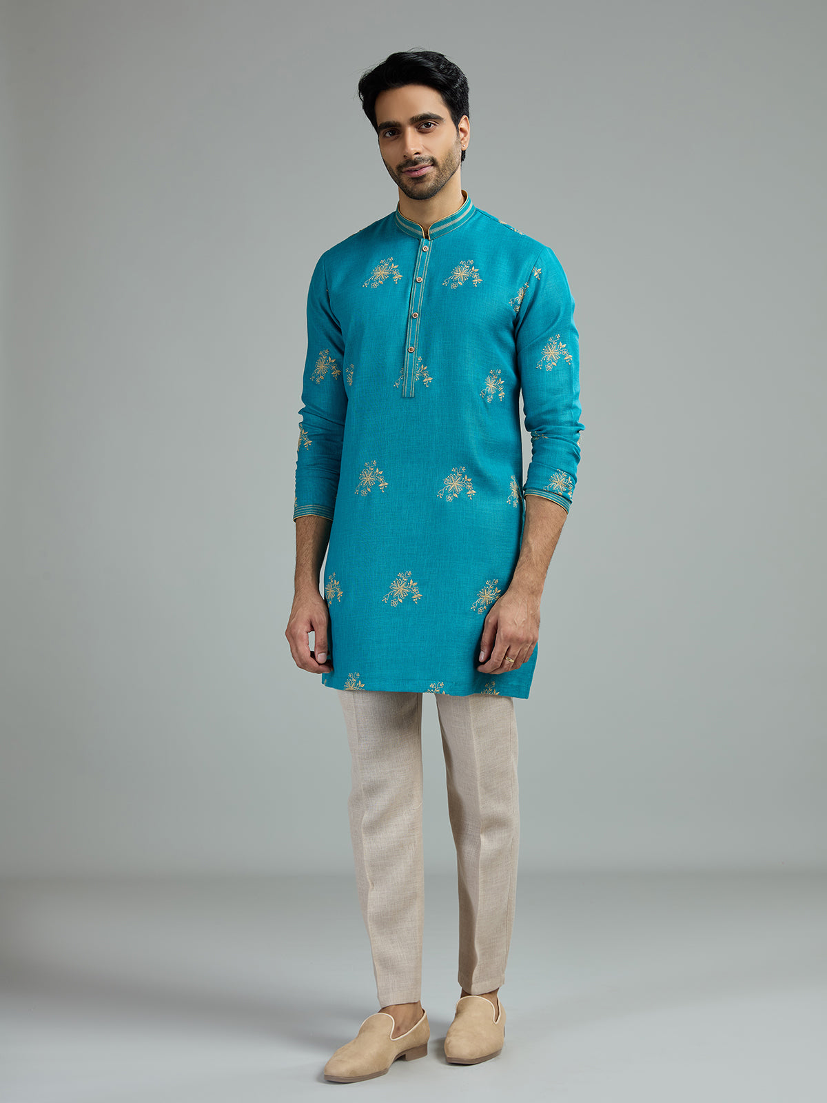 Aqua blue mens floral starburst kurta suit