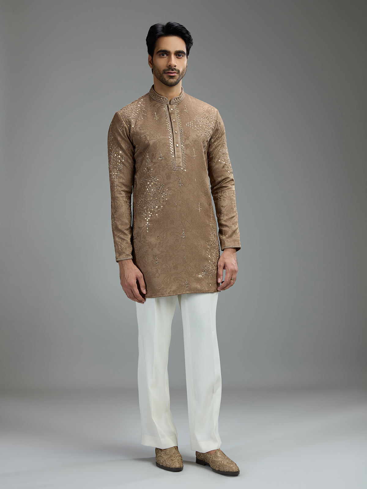 Taupe brown mens aabla embroidered kurta suit