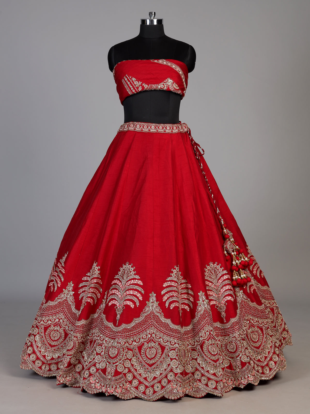 Red raw silk unstitched lehenga choli with intricate zardosi detailing