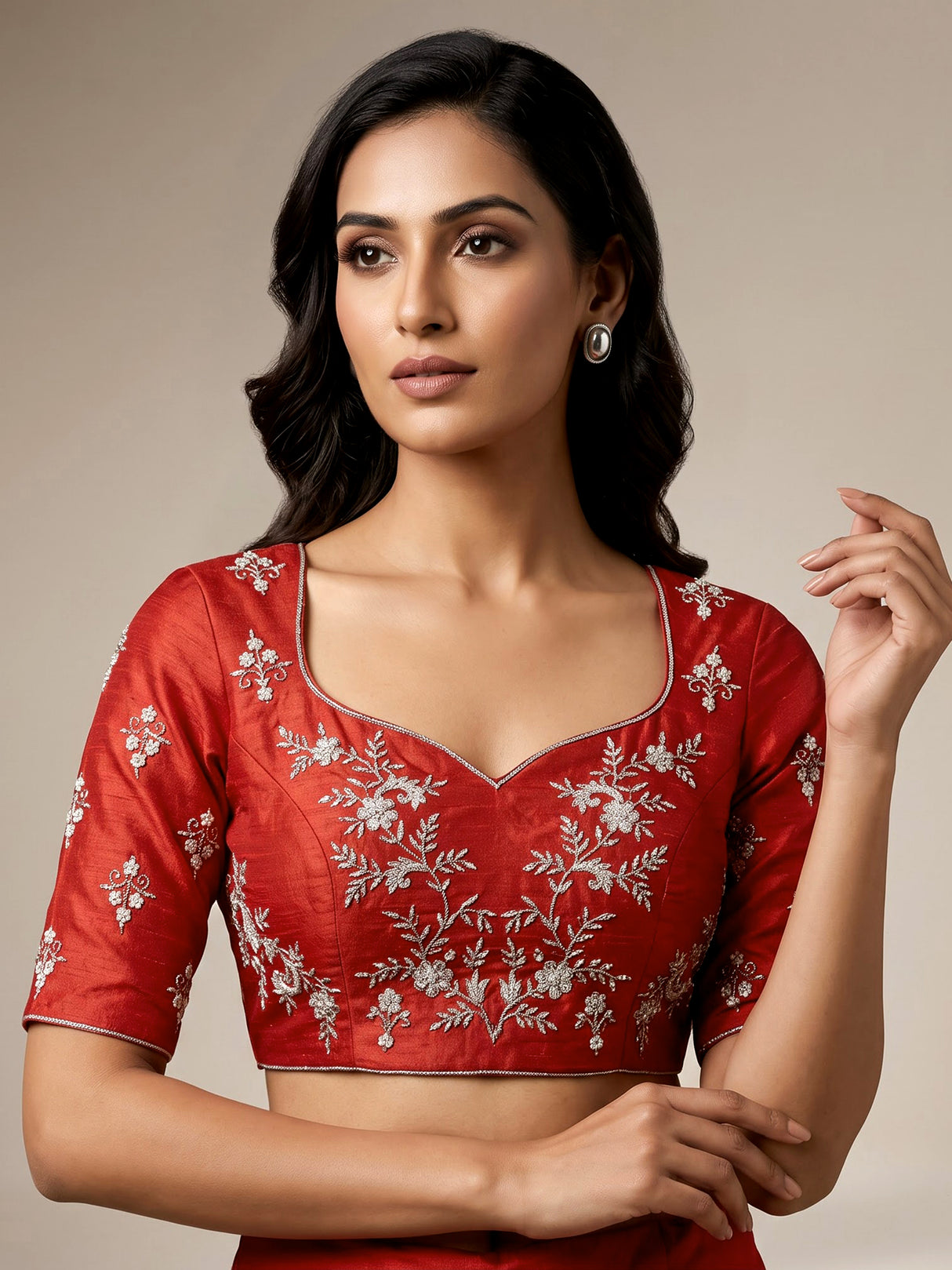 Deep rust orange silk unstitched lehenga choli with pearl zardosi work