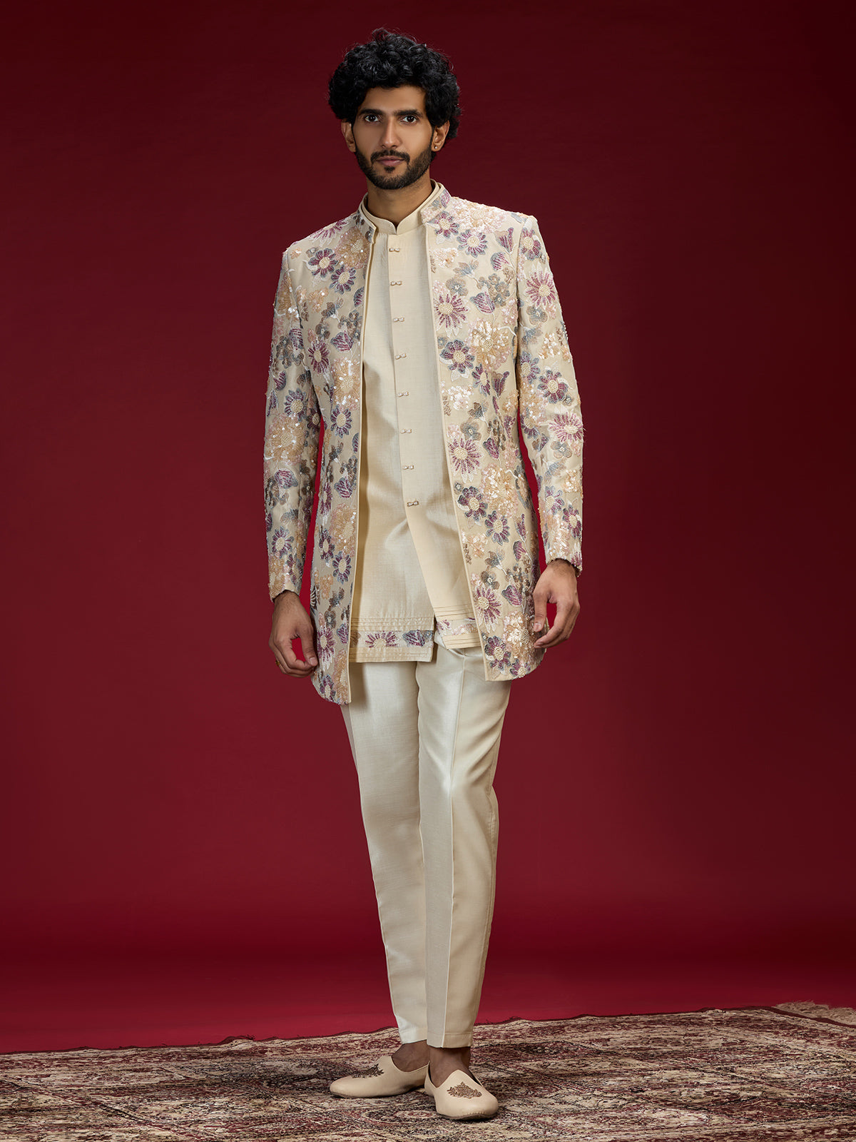 Beige embroidered bandhgala indo western for men