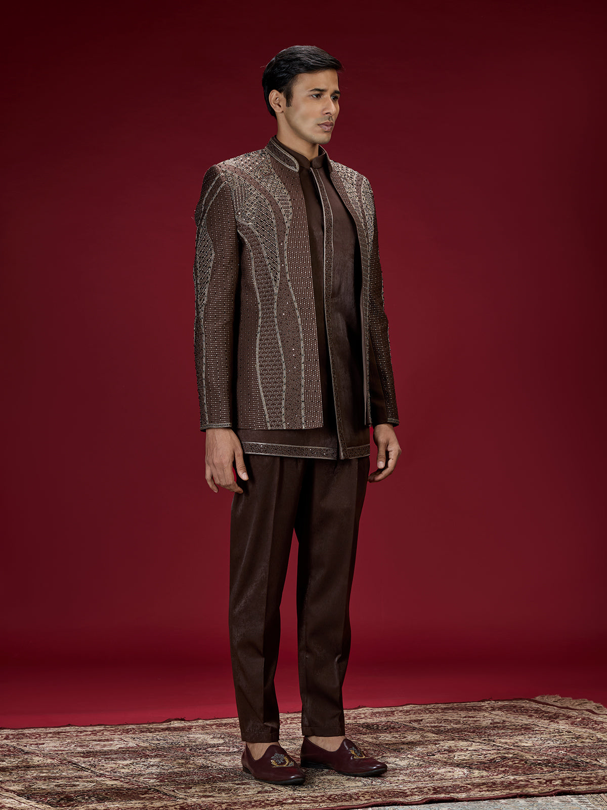 Brown geometric satin indo western for men