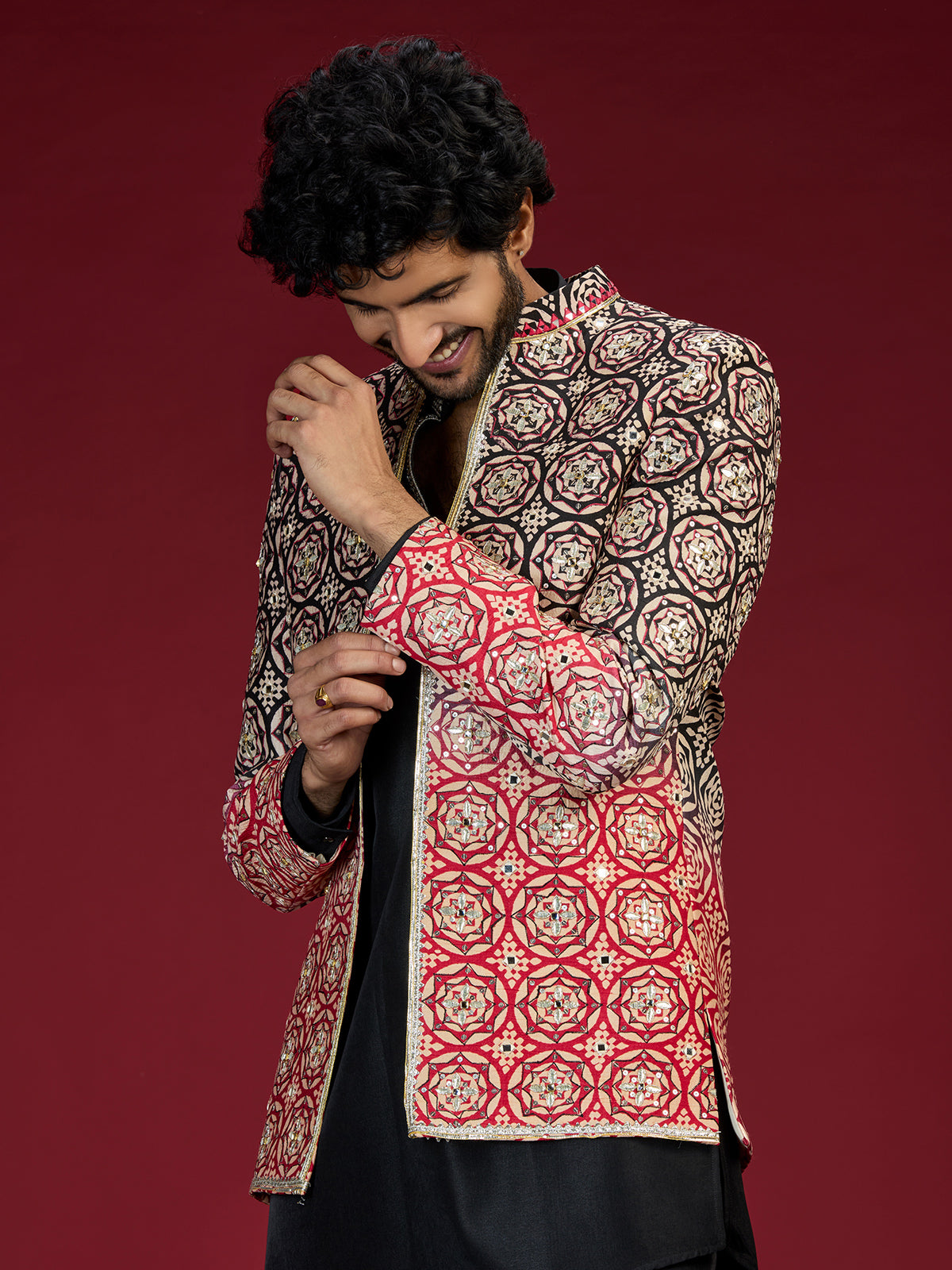 Black ajrakh embroidered indo western for men