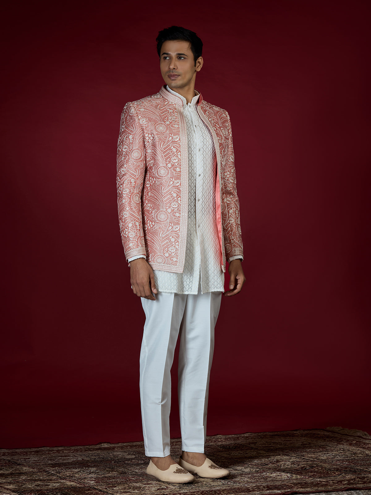 Dusty peach chikankari style indo western for men