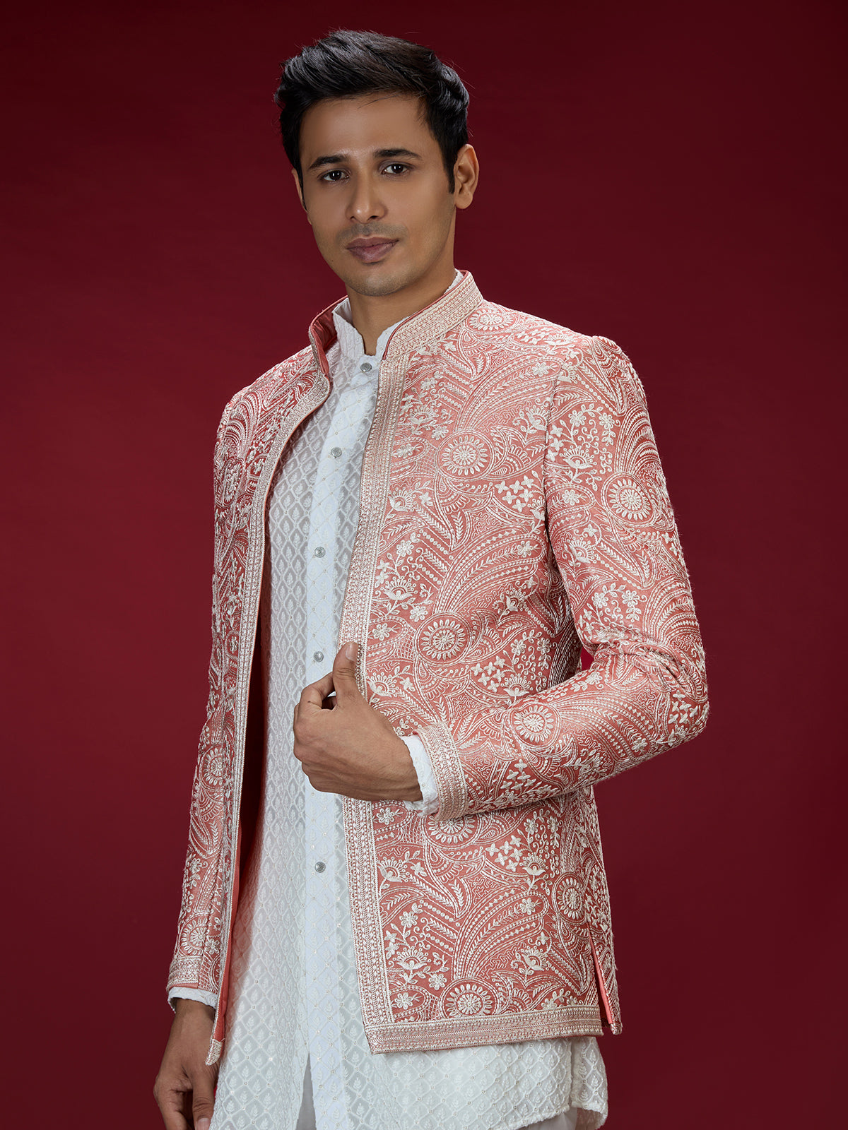 Dusty peach chikankari style indo western for men