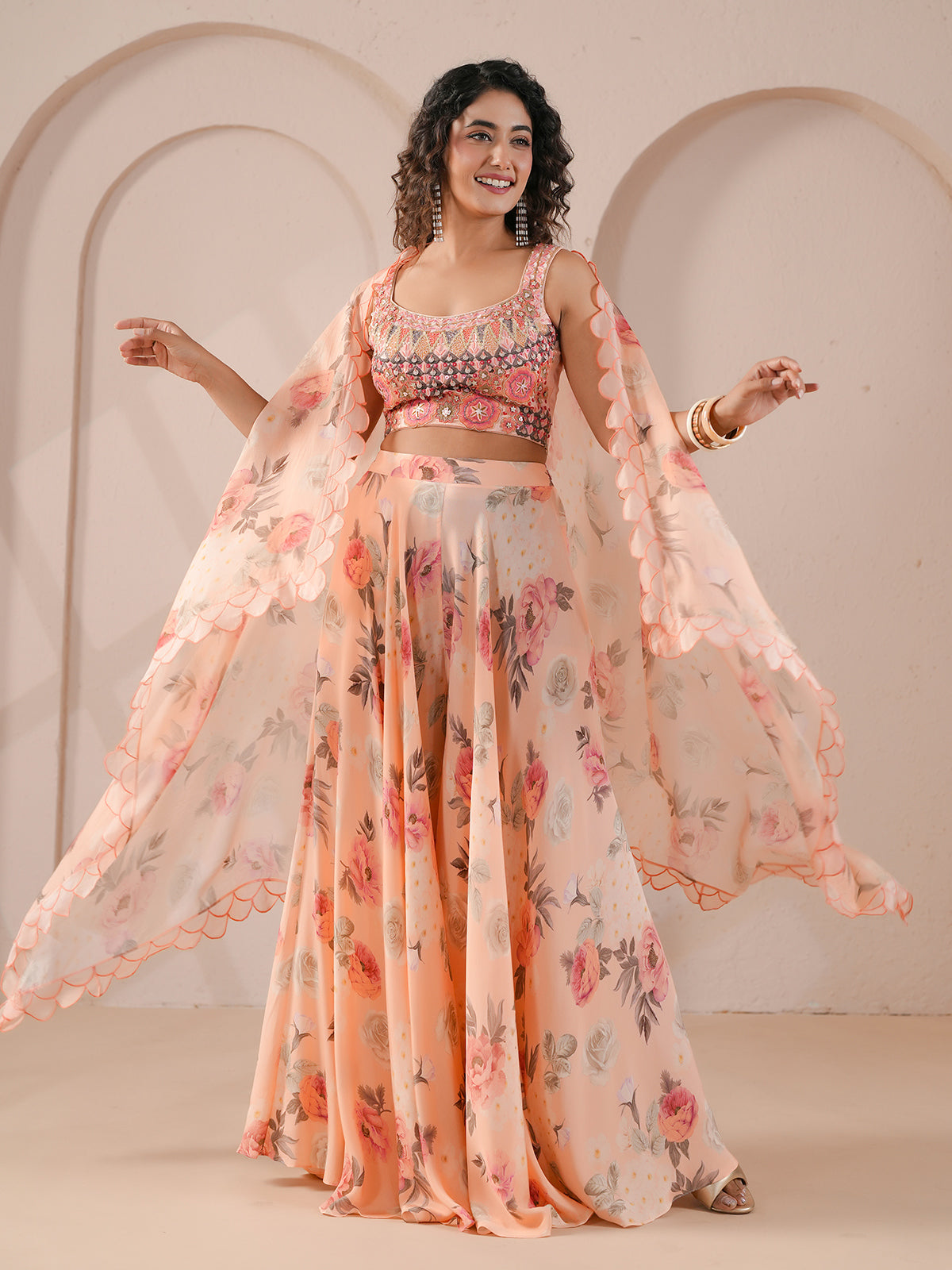 Peach bustier flared pants scallop overlay palazzo suit