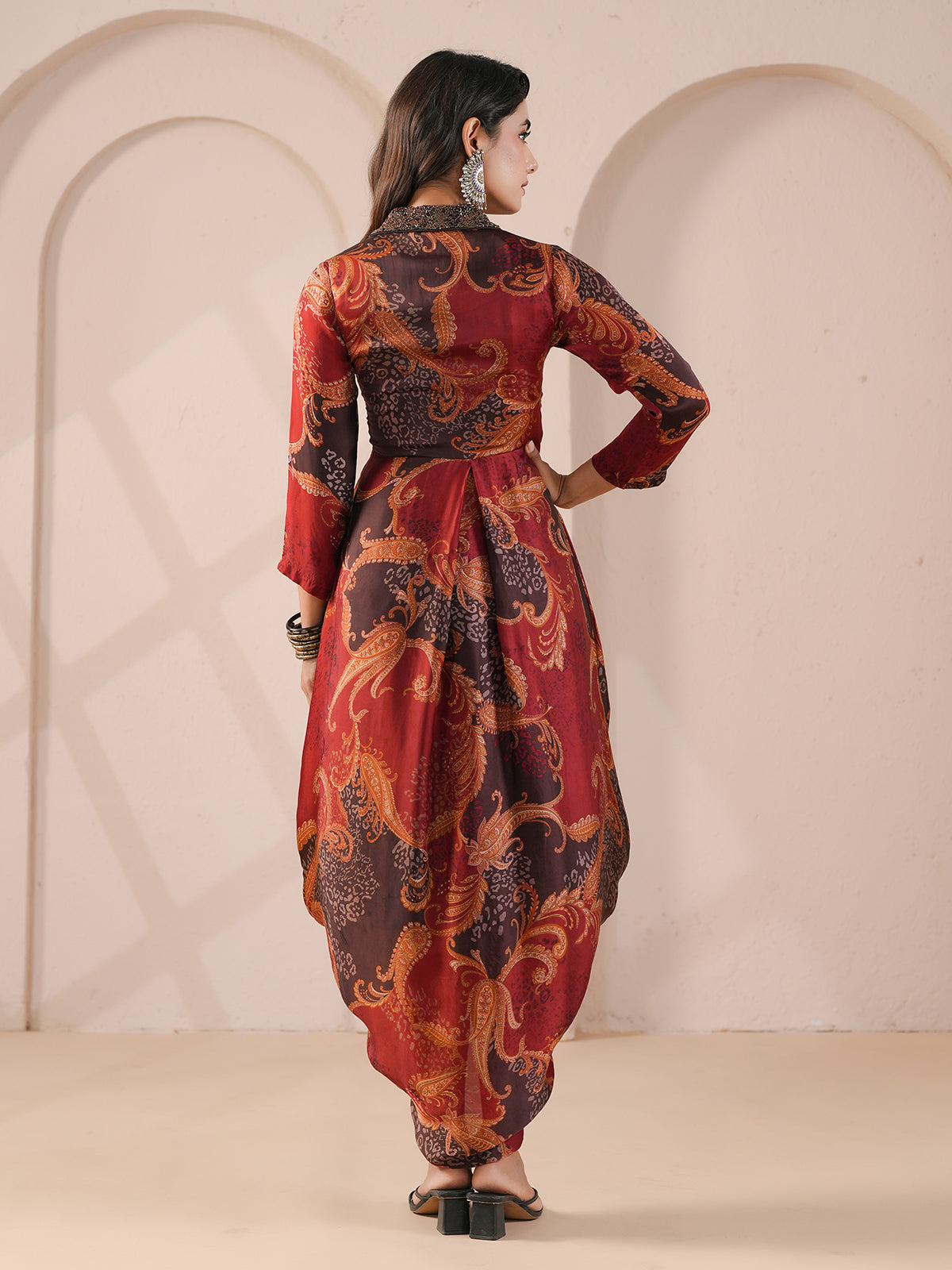 Maroon embellished printed cowl dress indowestern suit