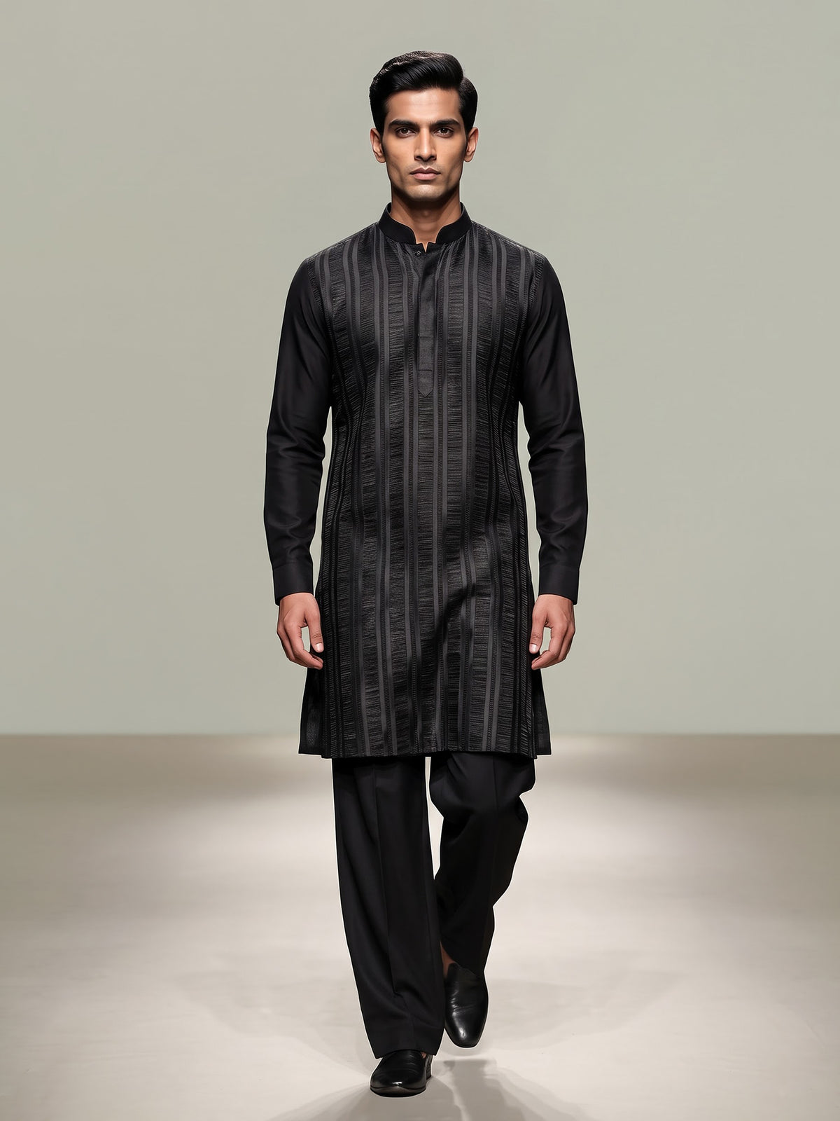 Black silk blend mens kurta suit with elegant thread detailing