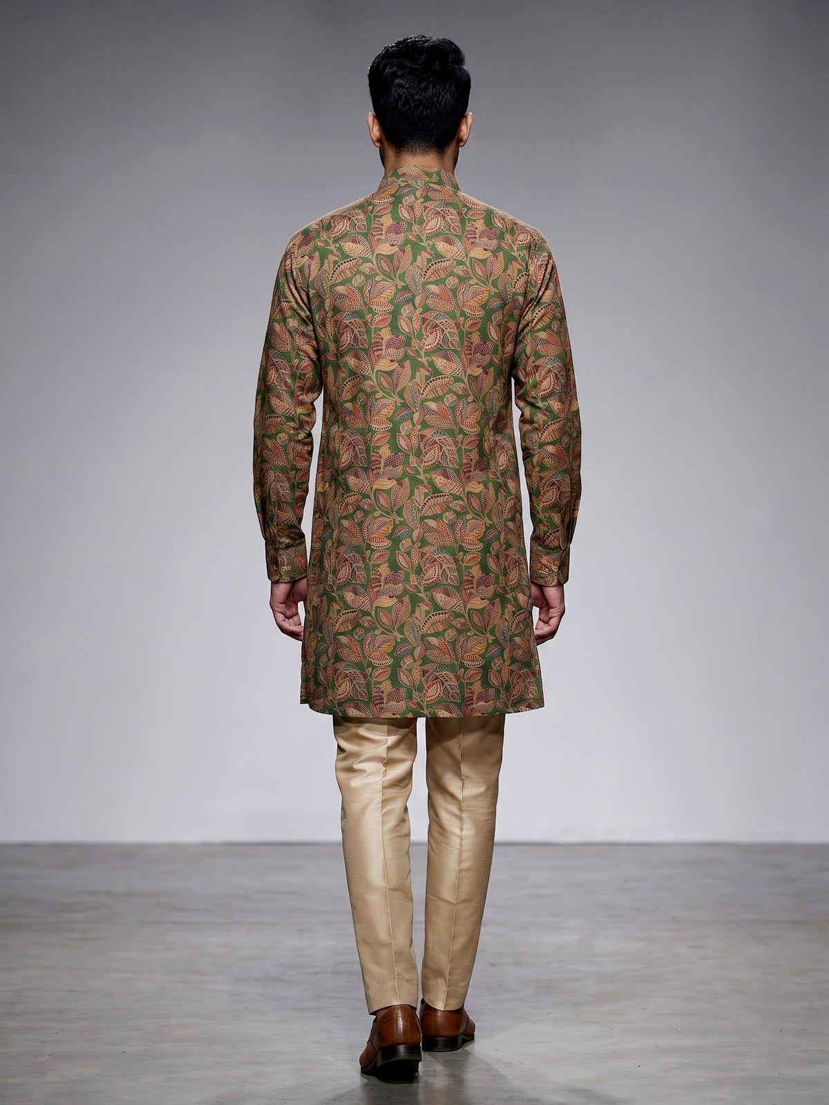 Green silk mens kurta suit with stylish printed detailing
