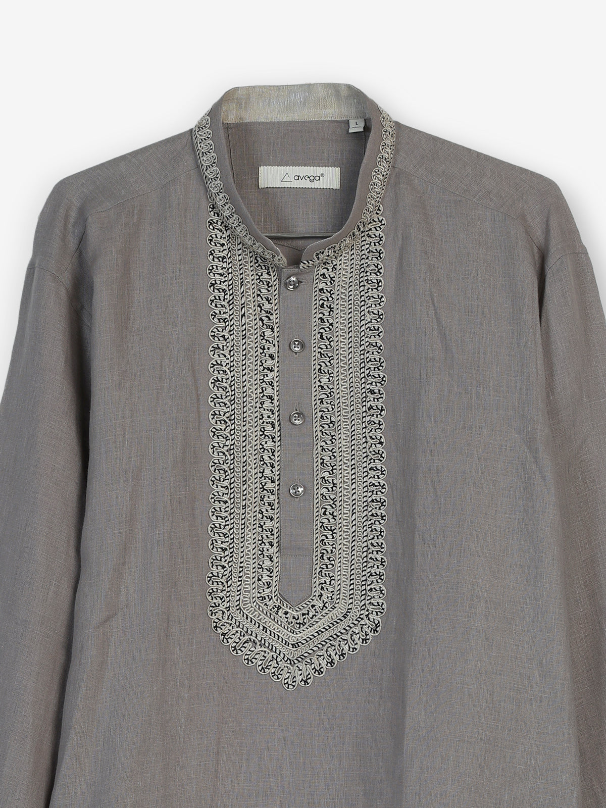 Grey cotton linen mens short kurta with refined threadwork